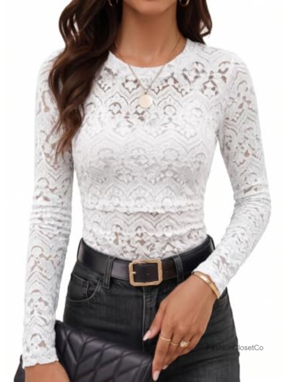 Sheer Mesh Lace Long Sleeve Blouse Women Slim Fit Crew Neck Stretchy Party Top